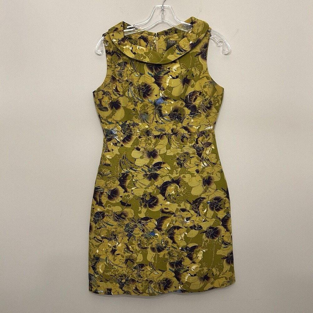 Taylor‎ Dress Womens 2 Olive Green Abstract Floral Portrait Collar Cotton Silk